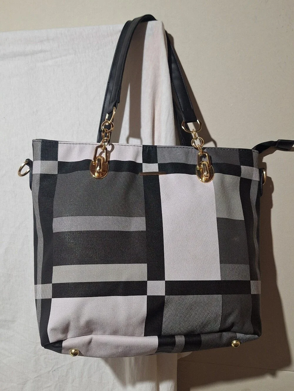 Stylish Black & Gray Plaid Tote Bag with Gold Hardware